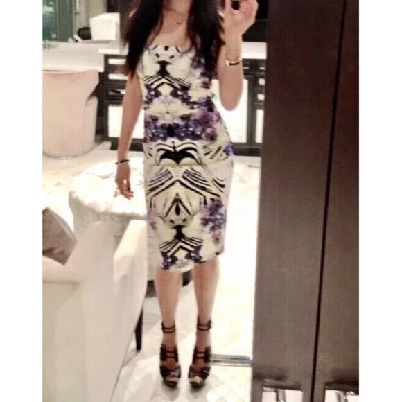 Bebe Women's XXS Black Tube Dress Floral Strapless Cocktail Summer Bodycon Midi - Picture 1 of 13